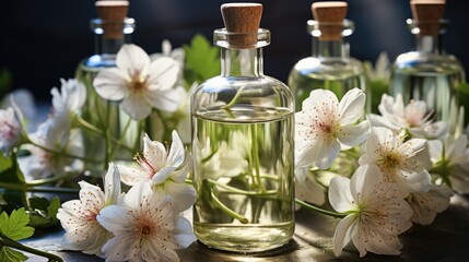 Aromatherapy concept, Top view of glass bottles of geranium essential oil with fresh white flowers and petals on table.