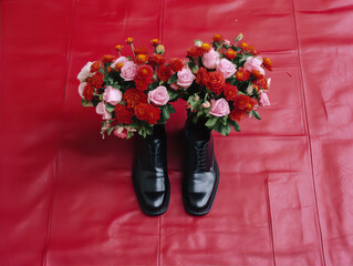 men's leather black shoes with a bouquet on it on the red floor