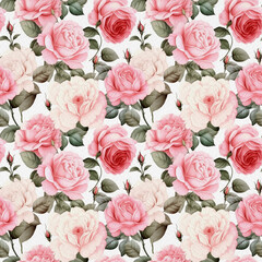 Flowers pattern for background or wallpaper. Botanic tiles roses. Seamless pattern with generative pink rose flowers and green leaves. Floral background digital paper.