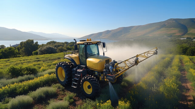 Tractor spraying chemical pesticides with sprayer on the large green agricultural field.