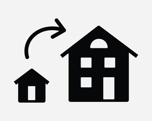 Upgrade House Icon. Big Bigger Home Apartment Condominium Upsize Large Larger Increase Up. Black White Graphic Clipart Artwork Symbol Sign Vector EPS