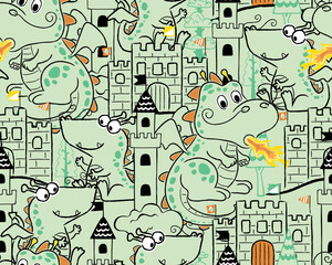 Seamless pattern vector of cartoon funny dragon with fairytale elements