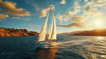 Obraz premium Yacht with white sails at sea. Yachting, luxury vacation at sea.