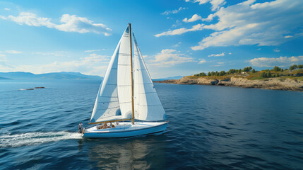 Yacht with white sails at sea. Yachting, luxury vacation at sea.