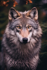 a close up image of a grey wolf in the forest, Generative Ai