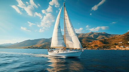 Fototapeta na wymiar Yacht and blue water ocean, Sailing luxury yacht at open sea at sunny day.