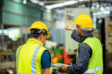 Two professional engineer worker technician assistant in helmet inspection check old machine...