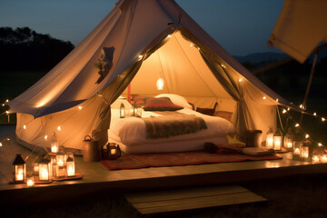 forest camping canvas light tent travel luxury nature vacation glamping. Generative AI.
