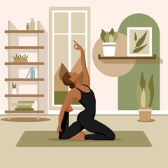Young woman doing yoga exercises, practicing meditation and stretching on the mat. Female simple character in yoga studio or home. Trendy flat vector illustration.