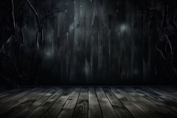Mysterious Halloween atmosphere: Dark horror background with vacant wooden planks Generative AI
