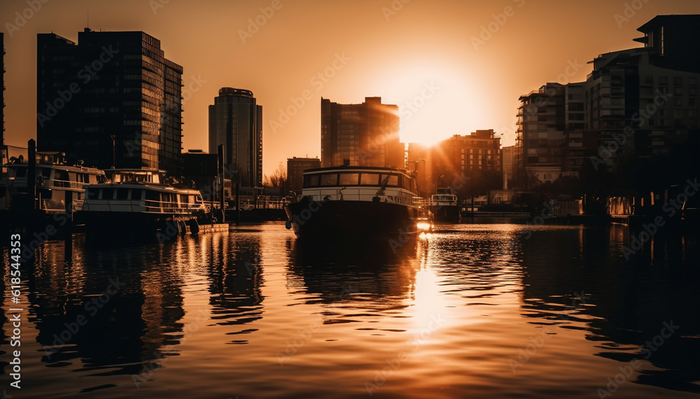 Poster silhouette of city skyline reflects on water generated by ai