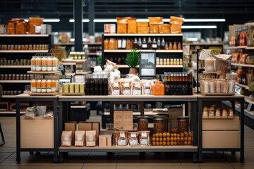 Naklejka premium a wooden table with shelves of different products in a supermarket Generative AI