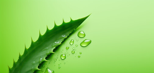 Close-up of a green aloe leaf, and clear drops of aloe gel. Isolated on flat green background with copy space, banner template. Generative AI photo.