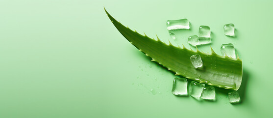 Close-up of a green aloe leaf, and clear drops of aloe gel. Isolated on flat green background with copy space, banner template. Generative AI photo.