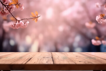 Naklejka na ściany i meble Empty wooden table with sakura and bokeh outdoors, mockup templa