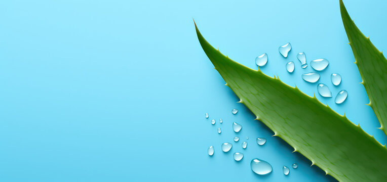 Close-up of a green aloe leaf, and clear drops of aloe gel. Isolated on flat blue background with copy space, banner template. Generative AI photo.