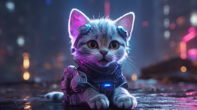 Cute cyberpunk cat post apocalypse haracter animal.Generative AI