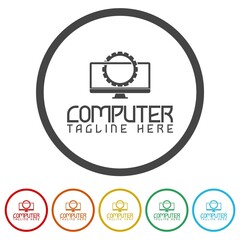 Computer repair logo template. Set icons in color circle buttons