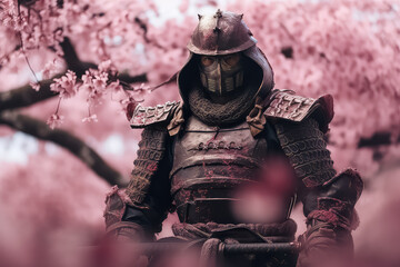 samurai on the background of cherry blossoms in japan, AI