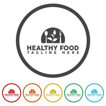  Healthy food logo template. Set icons in color circle buttons