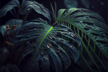 Tropical rainforest after rain leafs close up with water drop. ai