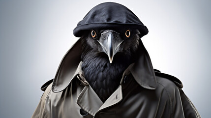 A crow wearing a detective trench coat. Generative AI.