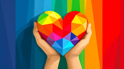 Hands holding low poly rainbow heart with rainbow background vector art illustration. This illustration represents concept of love for LGBTQ, gay, lesbian, pride. Digital illustration generative AI.
