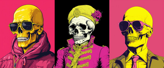 Set of dressed skeletons. Skull on color background collection