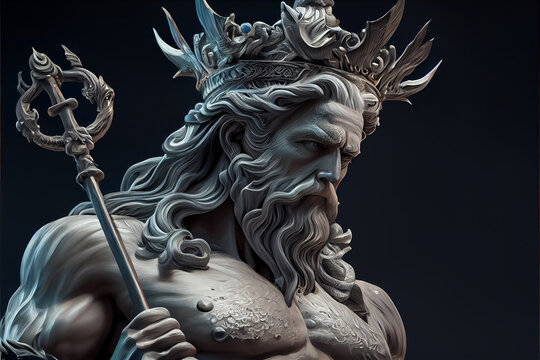 illustration of Neptune Poseidon from legend of the lost city of Atlantis . AI