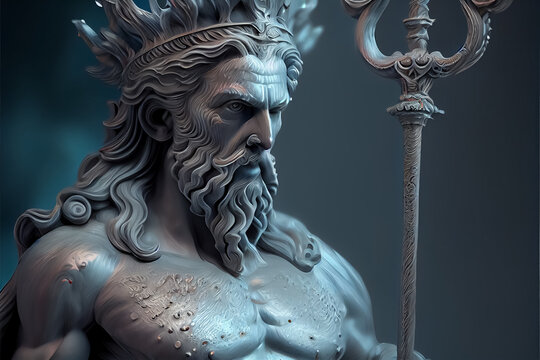 illustration of Neptune Poseidon from legend of the lost city of Atlantis . AI