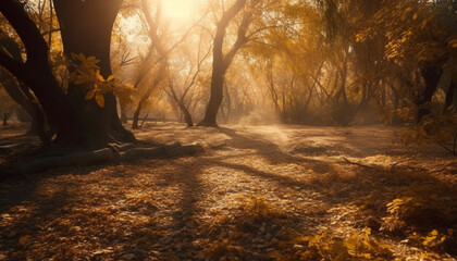 Golden leaves fall in tranquil autumn forest generated by AI