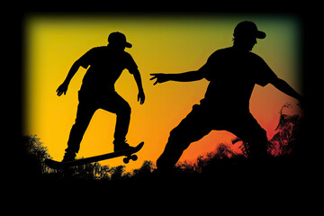 Black silhouette of skateboarder.AI generated