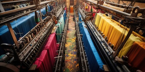 Top view of a textile mill, rows of looms weaving threads into a tapestry of color and pattern , concept of Industrial production, created with Generative AI technology