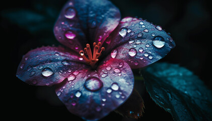 Fresh dew drops on vibrant purple petals generated by AI