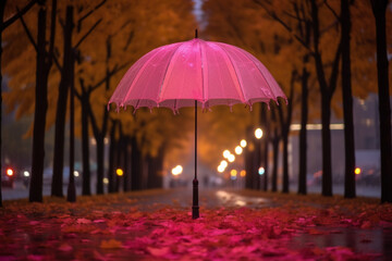 Urban autumn stroll: Pink umbrella on a rainy evening, with autumn leaves carpeting the road and city lights in the distance Generative AI