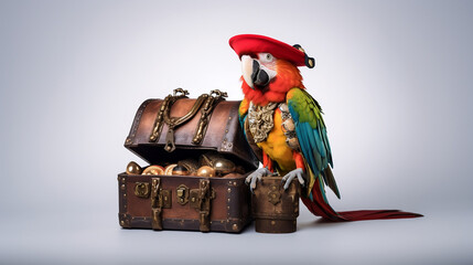 A parrot dressed as a pirate searching for buried treasure. Generative AI.