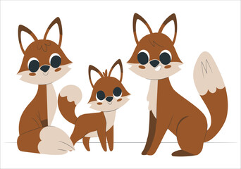 Fototapeta na wymiar Mother father fox with baby. Charming family love and care, tenderness. Sticker for social media and instant messengers. Forest dwellers, animals and fauna, wild life. Cartoon flat vector illustration