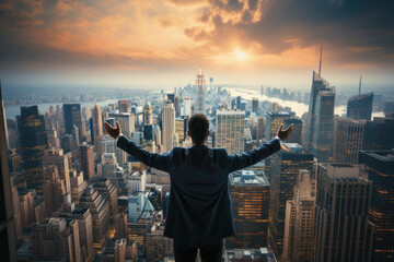 Fototapeta na wymiar Successful businessman raising his arms like a winner standing on roof of office building with city view. Concept of business success and victory. 
