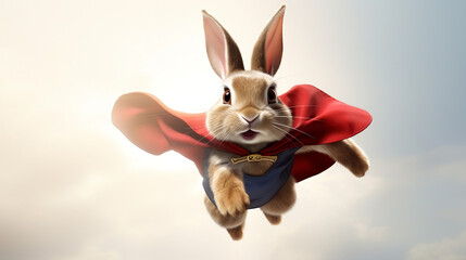 A rabbit wearing a superhero cape flying ready to save the day. Generative AI.