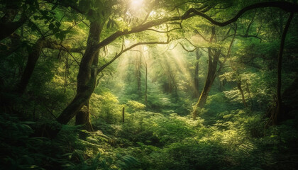 Sunrise illuminates tranquil forest, revealing hidden mystery generated by AI