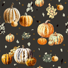 Autumn pumpkins. Leaves, abstraction, pumpkins. Fall, Thanksgiving, Holiday Print, Fabric, Textile, Autumn, Halloween Cards, Fabric, Banners, Invitations. Autumn pumpkins with a tiger pattern.