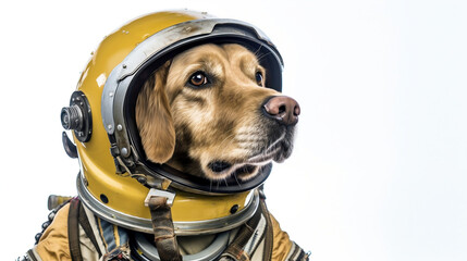 Golden dog with space suit and helmet. Generative AI.