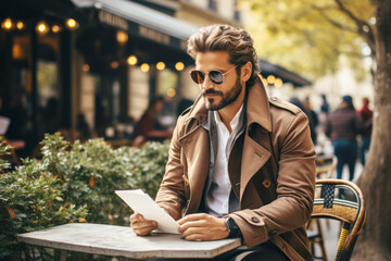 Portrait of a attractive hipster man sitting in the city street cafe and reading 