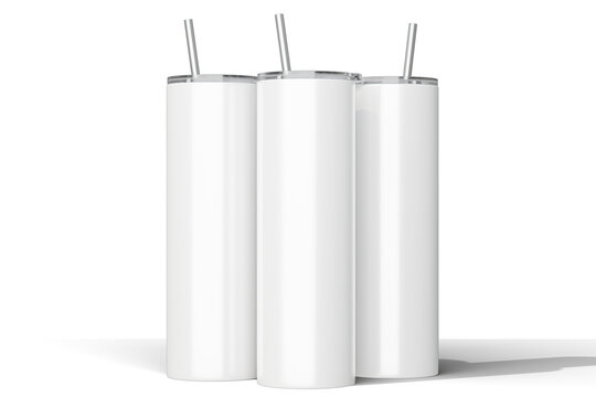 Three white 20 oz skinny tumblers on white isolated background. Skinny 20 oz tumbler for sublimation. Thermo mug. 3d rendering