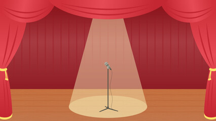 スポットライトを浴びたマイクスタンドと舞台のかわいいベクターイラスト素材