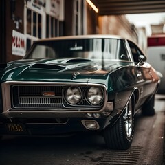Obraz na płótnie Canvas Vintage American car parked on city street, adding nostalgic charm to architectural backdrop.