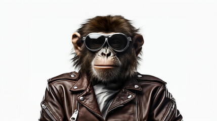 Monkey with leather jacket. Generative AI.