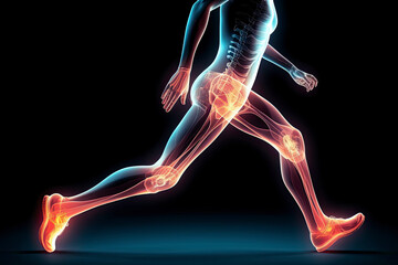 Obraz premium Running shoes, legs or skeleton bone glow in workout, training or exercise with anatomy pain, body stress or joint burnout.AI generated