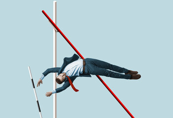 Pole vault over the bar as a metaphor for business success. Art collage.