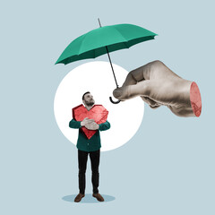A man holds a big heart and hides under an umbrella. Art collage.